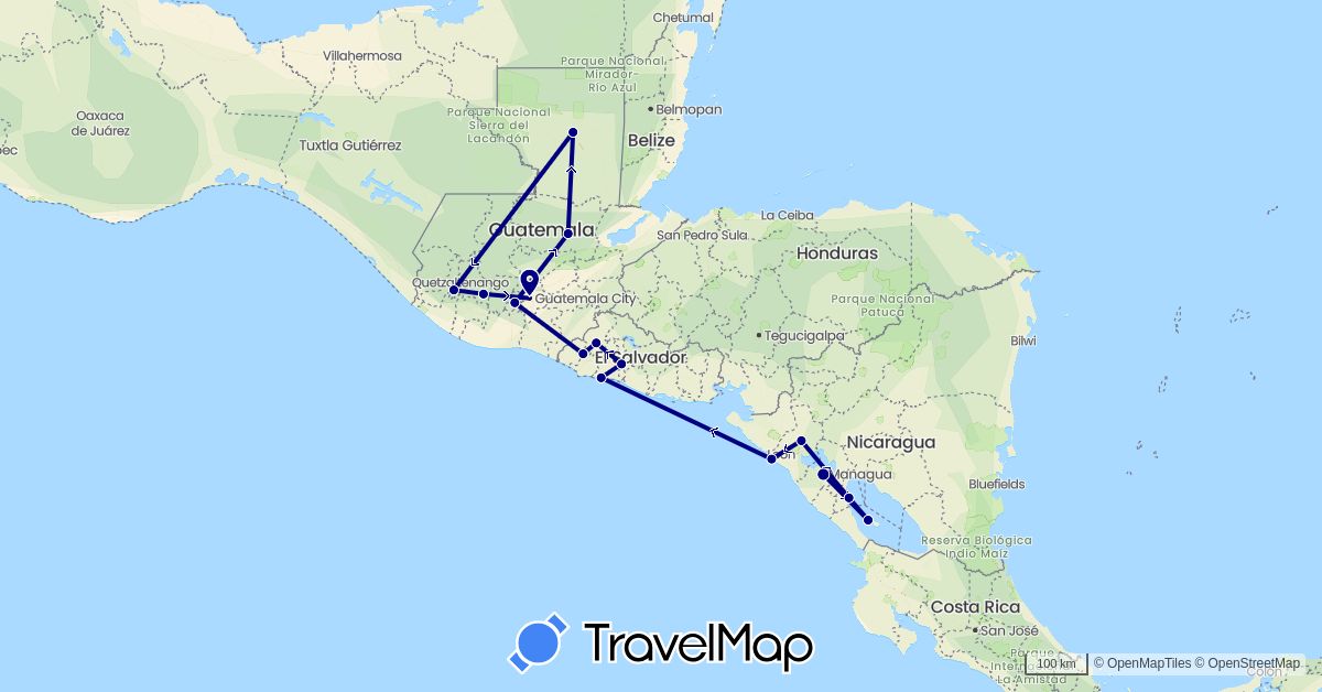 TravelMap itinerary: driving in Guatemala, Nicaragua, El Salvador (North America)